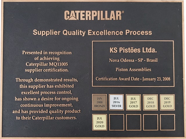 Kolbenschmidt (KS) conquista prêmio Ouro como fornecedora de qualidade pela Caterpillar com melhor índice de avaliação