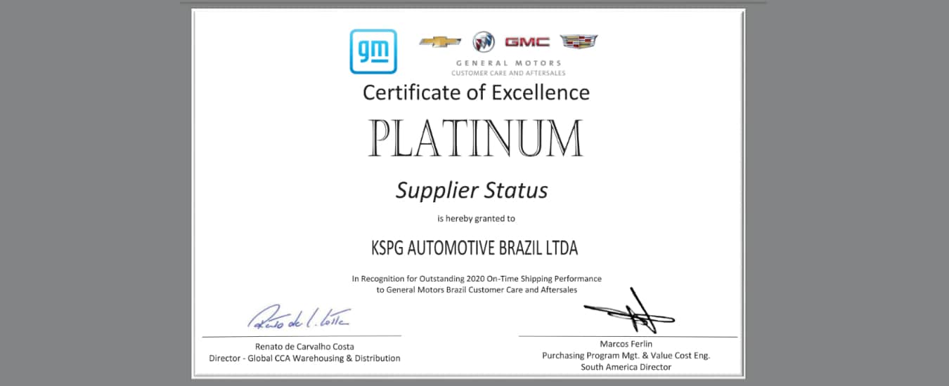 Kolbenschmidt (KS) conquista prêmio de Excelência da Qualidade de Fornecedores da GM no segmento aftermarket